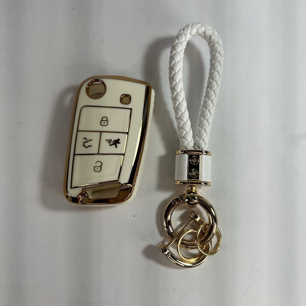 VW Atlas Skoda Smart Key Fob Cover Unisex OS White NEW Luxury Braided Keychain